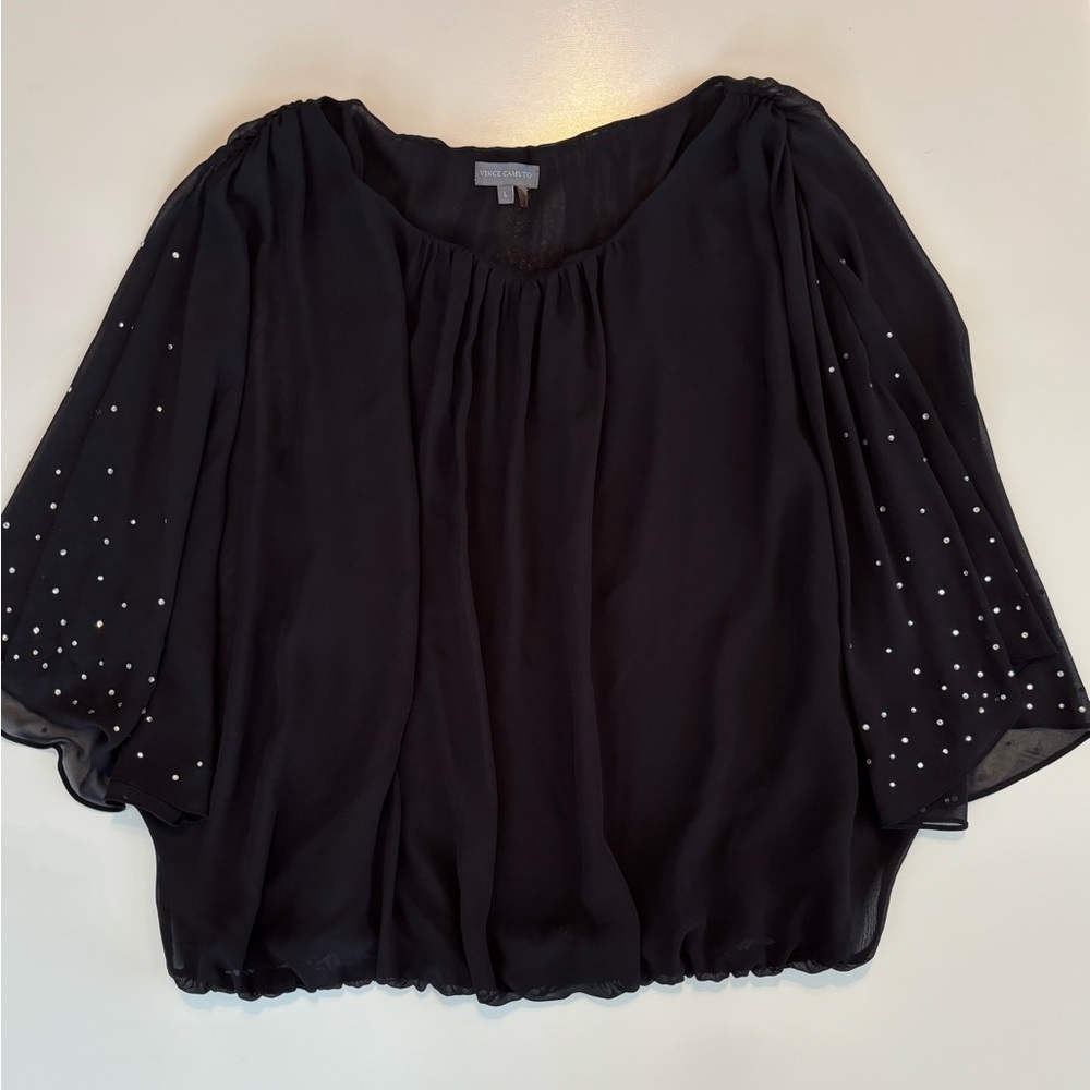 Vince Camuto Black Blouse with Clear Rhinestones on Sleeves, Lined, Large